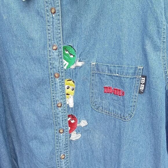 Vintage M&M's Embroidered Button Down Shirt Size 26W / 28W Long Sleeve Blue - Picture 5 of 5
